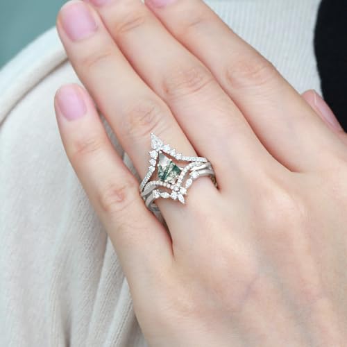 3PCS Natural Moss Agate Wedding Ring Set for Women with Moissanite 1CT Center Kite Cut Natural Moss Agate Ring Set Vintage Engagement Ring Set 925 Sterling Silver 10K 14K 18K Gold2
