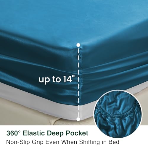 Love's cabin Satin King Sheet Sets - 4 Piece Teal Silky Sheets King Size Bed Set with Deep Pocket, Luxury Silk Feel King Size Satin Sheet Set (1 Flat Sheet,1 Fitted Sheet,2 Pillow Cases)