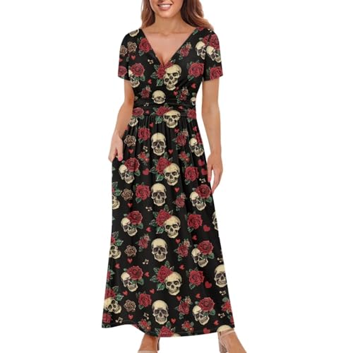 Image of Women's Fall Summer Short Sleeve Ankle Length V-Neck Party Dress with Pockets Size S-3XL