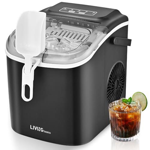 LIVINGbasics Countertop Ice Maker,Self-Cleaning,9 Cubes in 6-12 Mins | 26lbs/Day. Whisper-quiet 45dB. Compact 9.5x11.5x11 in. Fits home, office, RV. Includes ice scoop and basket.