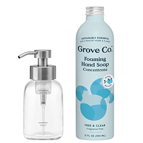Grove Co. Foaming Hand Soap Concentrate (12 Fl Oz) + Reuseable Glass Soap Dispenser, Plastic Free And Liquid Refillable Starter Kit, Free & Clear Unscented #TOP23