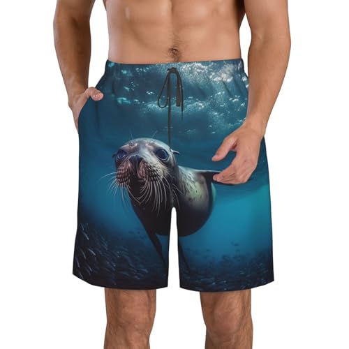 Underwater Sea Lion Men's Casual Shorts Drawstring Summer Beach Shorts Quick Dry Bathing Suits Hawaii Swim Trunks