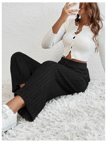 SOLY HUX Women's Drawstring High Waisted Pants Wide Leg Loose Fit Ribbed Knit Lounge Trousers3