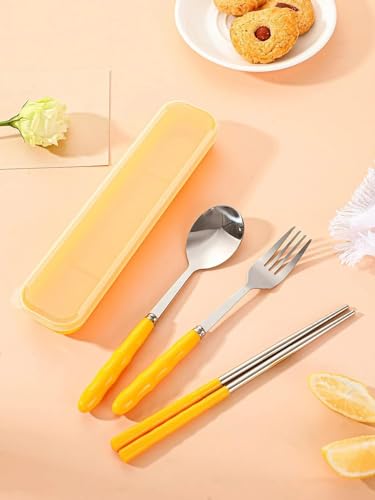 Image of Favria 3 Piece Stainless Steel Spoon,Fork and Chopstick Portable Travel Spoon Box Anti Slip Cutlery Set for Office Lunch Box,Travel, School,Picnics,Camping and Outdoor Home Utensil Set (Yellow)
