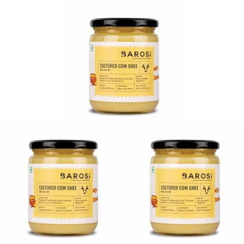 Image of BAROSI Cultured Desi Cow Ghee 500ML | Traditional Bilona Method | Curd Churned Danedar Ghee | Lab Tested | Grass-Fed Desi Cow | Pure, Natural, Aromatic | Shudh Cow Ghee | Glass Jar(500ml) (Pack of 3)