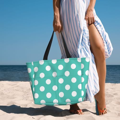 Teal Turquoise And White Polka Dot Print Beach Pool Bags Tote For Women Ladies Large Gym Tote Carry On Bag For Weekender Travel Waterproof4