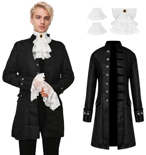 YORDET Abrigo gótico steampunk para hombre, estilo medieval, vintage, vestido victoriano, con botones, uniforme de Halloween, carnaval, disfraz de cosplay (Negro, XXL)