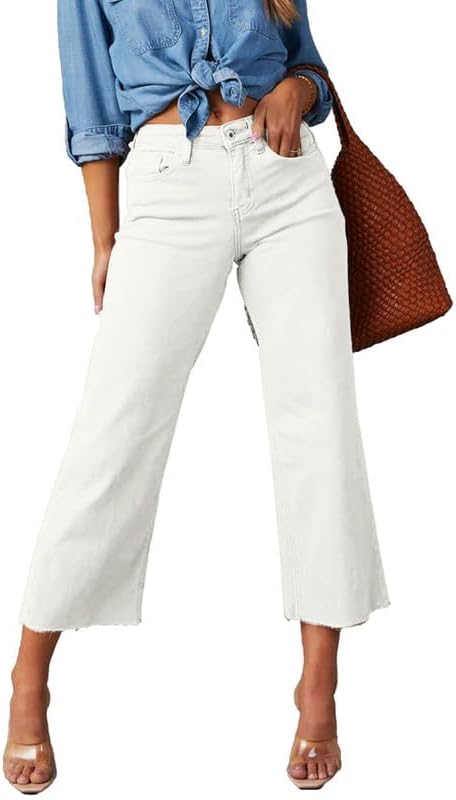 Allimy Women's High Waisted Straight Ankle Wide Leg Ripped Jeans Frayed Hem Stretchy Capri Denim Pants - Image 5