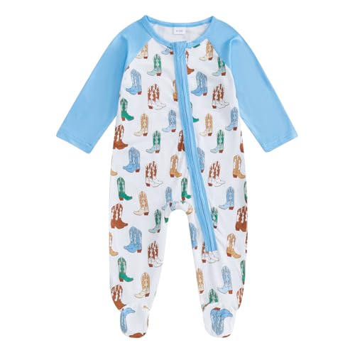 Image of BULINGNA Newborn Infant Baby Boy Fall Footie Jumpsuit Patchwork Zip Up Boots Print Western Cowboy Romper One Piece Outfit