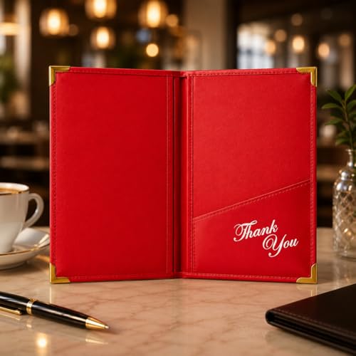 Image of Premium Red Bill Folder - Pack of 6 | PU Leather Restaurant Bill Holder with Golden Corners | Stylish & Durable Check Presenter for Hotels, Cafes & Restaurants