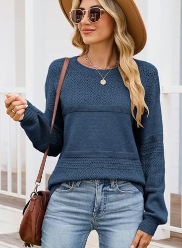 Image of JOCAFIYE Fall Clothes School Outfits for Teachers Crewneck Solid Sweaters for Women Contrast Ribbed Knit Jumpers Pullover Long Sleeve Casual Loose Fit Sweater Tops Dark Blue Medium