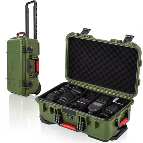 Relaxweex Rolling Camera Hard Case with Padded Dividers & Wheels Impact-resistant Hard Shell Travel Case for Cameras Lenses & Accessories(22 x 14 x 9 Inch Military Green)
