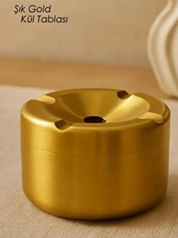 Mucit Home Gold Kapaklı Kokusuz Paslanmaz Metal Küllük – Modern ve Şık Tasarım