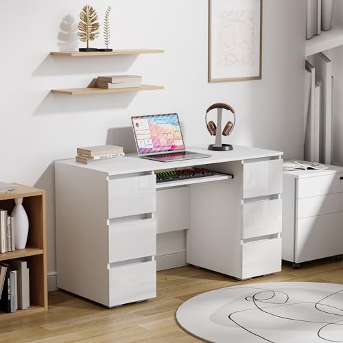 Furnicare Computer Desk with Storage Shelf and 6 Drawers, 47 inch Writing Home Office Workstation, Modern Work Study Writing Table Desk, Wood PC Laptop Desk, Desk for Bedroom, White