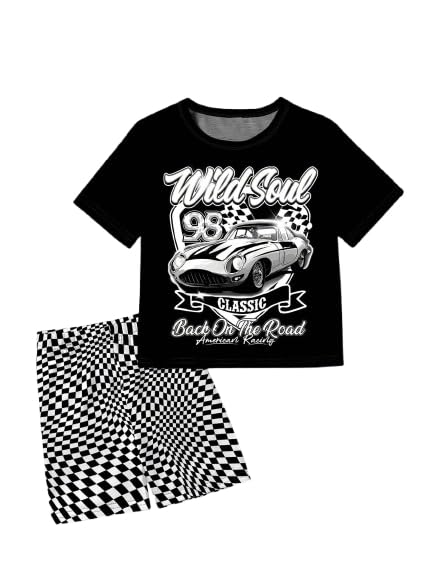 Image of WDIRARA Girl's 2 Piece Outfit Letter Car Graphic Tee Top with Plaid Checkered Biker Shorts Set