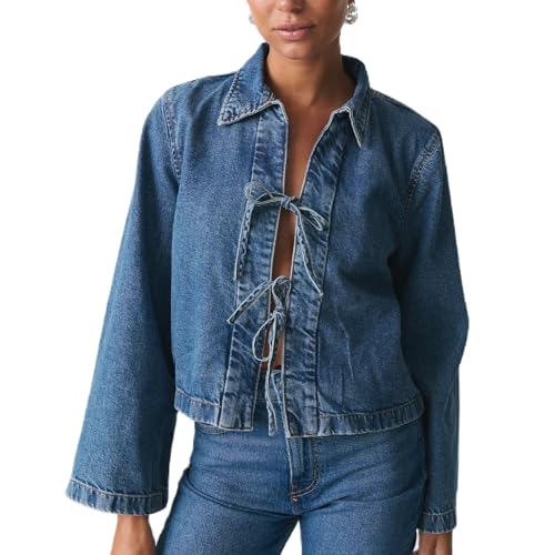 Women Fashion Cropped Denim Jacket Tie Front Lapel Neck Long Sleeve Jean Coat Lightweight Shacket Fall Blouse
