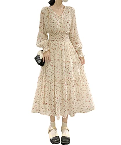 ワンピース 秋 ロング ワンピース レディース ウエストシャーリング 花柄 長袖 ワンピース 体型カバー 着痩せ エレガントのサムネイル