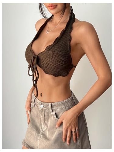 MakeMeChic Women's Crochet Tie Front Halter Tops Open Back Sleeveless Y2k Crop Tops2