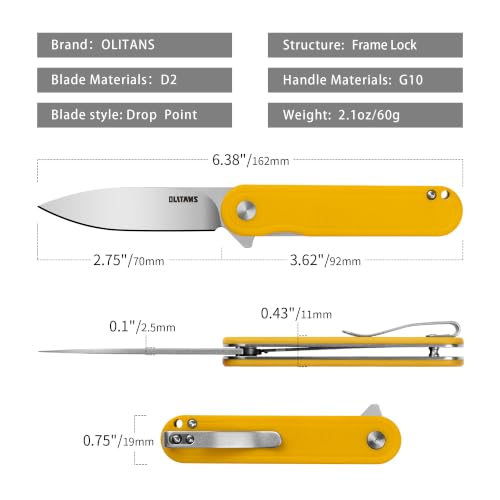 Image of OLITANS G040 Pocket Knife, 2.75'' D2 Steel Blade G10 handle, Small EDC Knife with Pocket Clip for Men Women, 2.1oz (Yellow)