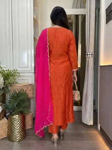 Image of GoSriKi Women's Viscose Blend Straight Embroidered Kurta with Pant and Dupatta Set | Ethnic 3 Piece Suit | Traditional Salwar Kameez for Women | Festive Kurta Set | Regular Fit Dress