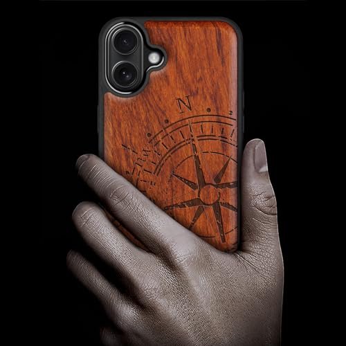Image of Carveit Wood Case for iPhone 16 Plus, The Incomplete Compass, Rosy | Magnetic iPhone 16 Plus Case Compatible with MagSafe Wireless Chargers, Engraved Wood with Soft TPU Shockproof Bumper
