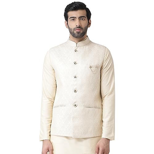 Kisah Men's Tan Color Woven Design Nehru Jacket Ethnic Festive Waistcoat Cotton, Regular Fit|Xl