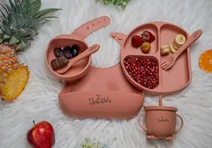 Sproutlets Silicone Baby Feeding Set, 6 Piece Baby Led Weaning Set Baby Feeding Product,Suction Plate, Bear Bowl,Cup, Spoon, Fork and Bib for Baby, Baby Feeding, BPA Free (Brick Red)
