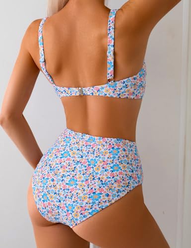 Tainehs High Waist Bathing Suit for Women Floral Print Wide Straps Swimsuit Two Piece Bikini Sets3