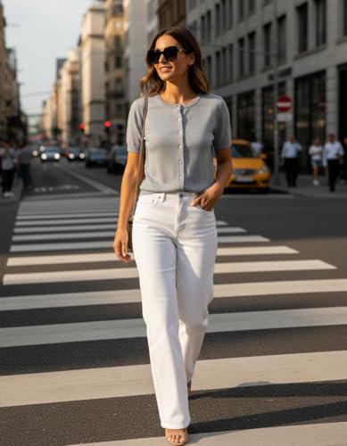 Image of GRACE KARIN Women Short Sleeve Cardigan, 2026 Summer Knitted Sweater Tops, Basic Crew Neck Crop Outfits