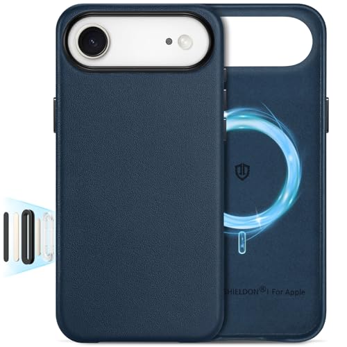 Image of SHIELDON Genuine Leather Case for iPhone Air 6.5 inch 2025, Navy Blue | for MagSafe, Magnetic Wireless Charging, Camera Button, Metal Buttons, Camera Bezel, Non-Slip, Shockproof, Anti-Scratch, Slim