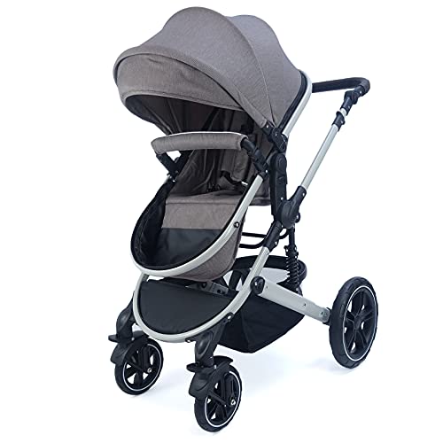 Pixini Neyla Kombi Kinderwagen mit Stoffwanne/Buggy/Wickeltasche/Getränkehalter/Regenplane/Mückennetz/Wickelauflage (3in1 Set mit Babyschale grau/braun)