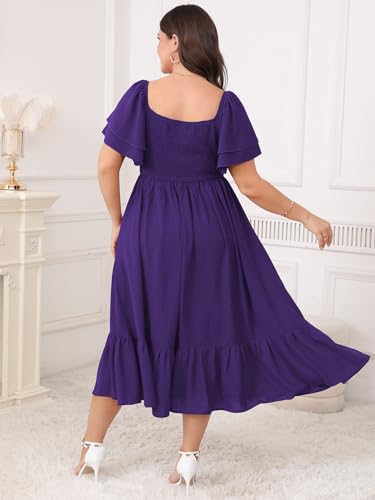Image of SCOMCHIC Womens Plus Size Wedding Guest Cocktail Dresses Sweetheart Neckline Short Sleeve Smocked Ruffle Slit Maxi Dress