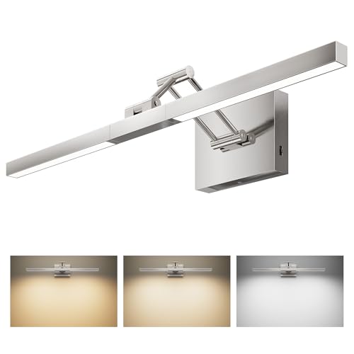 Image of VONLUCE 24 inch Modern LED Bathroom Vanity Light, Brushed Chrome | 3CCT, Flicker-free, 360 Rotatable Head & Swing Arm, IP44 waterproof Bathroom Light Fixture Over Mirror for Bathroom, Picture