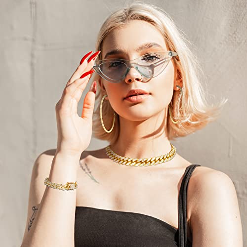 Cuban Link Chain Necklace Bracelet Rhinestone Hoop Earrings Set Bling Necklace Bracelet Crystal Big Circle Earrings For Girls (Gold, 20 Inch) #TOP3