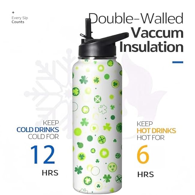 40oz St Patricks Day Water Bottle with Handle and Flip Straw, Green Irish Shamrocks Stainless Steel Insulated Cup, Travel Coffee Mug Tumbler, Gifts for Women Men