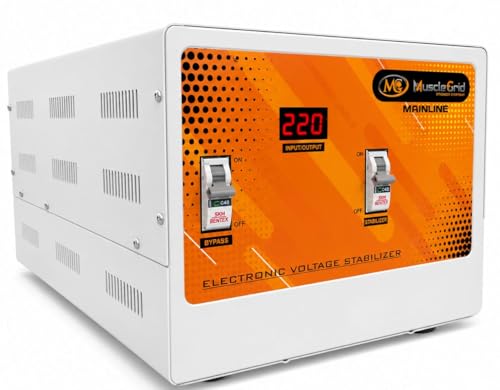 Image of MuscleGrid Mainline 8 KVA Electronic Voltage Stabilizer for Home, Office & Shop, 32 Amps Load, 90V-300V Input Range, Toroidal Transformer, 220V Output, Wall Mount & Floor Mount