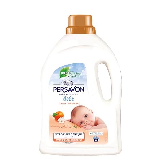 Persavon - Lessive Bébé, à l'Extrait d'Abricot BIO, Hypoallergénique, Peaux Sensibles, Sans Colorant, 33 Lavages - 1500 ml