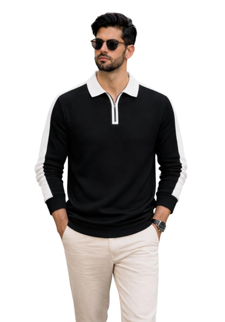 Mens Polo T-Shirt with White Contrast Collar | Short Sleeve Zipper Neck Casual Top | Smart Casual T-Shirt for Man (in, Alpha, S, Regular, Black)-image-38