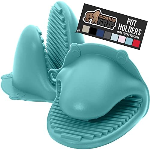 Gorilla Grip Heat and Slip Resistant Silicone Mini Potholders Mitts, Oven Mitt Gloves, BPA-Free, Textured Design, Better Grip, Hot Plate Holder, Kitchen Finger Grips, Cooking, Waterproof 2 Set, Turq