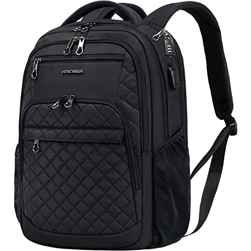 KROSER Travel Laptop Backpack 17 Inch Large Computer Backpack Water-Repellent Daypack with USB Charging Port RFID Pockets for Work/Business/College/Men/Women(Quilted)
