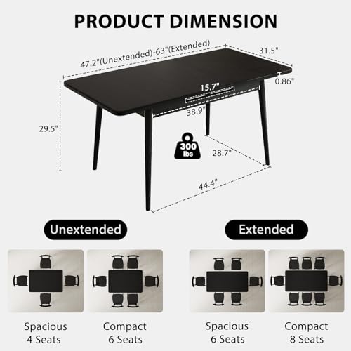 Image of Muwuele Solid Wood Extendable Dining Table for 4-8 People with Seamless Extension from 47.2 to 63 Inches, Easy Assembly, Expandable Tables for Small Spaces, Dining Room, Kitchen, Living Room, Black