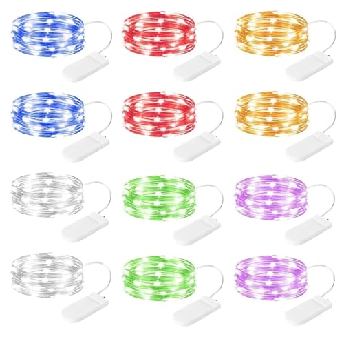 Brightown 12 Pack Multi Color Led Fairy Lights Battery Operated String Lights Waterproof Silver Wire 7 Feet 20 Led Firefly Starry Moon Lights for DIY Wedding Party Bedroom Patio Christmas
