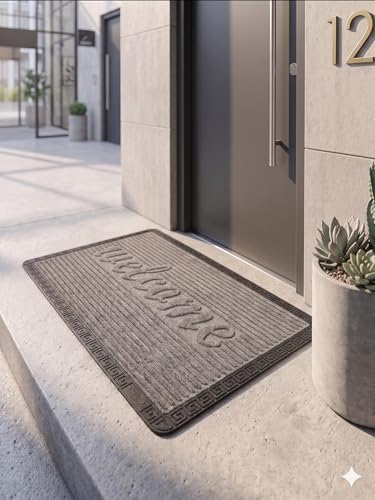 Image of Heavy Duty Front Door Mat 2x3 Feet, Outdoor Indoor Welcome Mat, Non Slip Dirt Trapper Entrance Rug for Entryway, Patio & Porch,Washable Low Profile Welcome Mat (Grey Welcome 2 x 3 Feet)