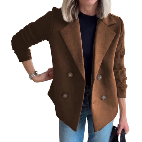 Women's Double Breasted Button Outerwear Lapel Knitted Patchwork Coat Long Sleeves Jackets Blazer Sweater