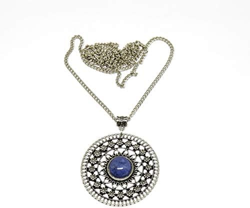 Colar mandala longo pedra natural azul prateado bijuterias femininas