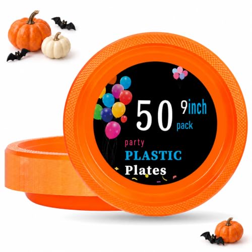 WELLIFE Orange Plastic Plates 9 Inch 50 Count Halloween Plates