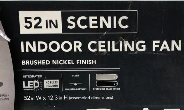 Hampton Bay Scenic 52-inch Integrated LED Indoor Ceiling Fan product label showing features
