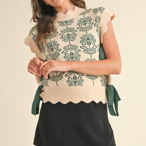 Image of Women Side Tie Sweater Vest Scallop Trim Mock Neck Knit Vest Bow Lace Up Ribbon Sweater Tank Top Knitwear