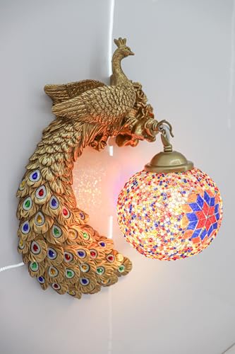 swanart Elegant Peacock Wall Lamp with Golden Finish & Colorful Mosaic Glass Shade – Handcrafted Moroccan Style Wall Sconce for Home Decor, Living Room, Bedroom & Hallway Lighting Deal