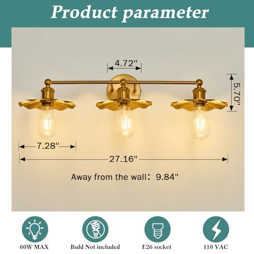 Image of ZGLAOJT 3 Light Vintage Vanity Light Gold Bathroom Light Fixtures Over Mirror.